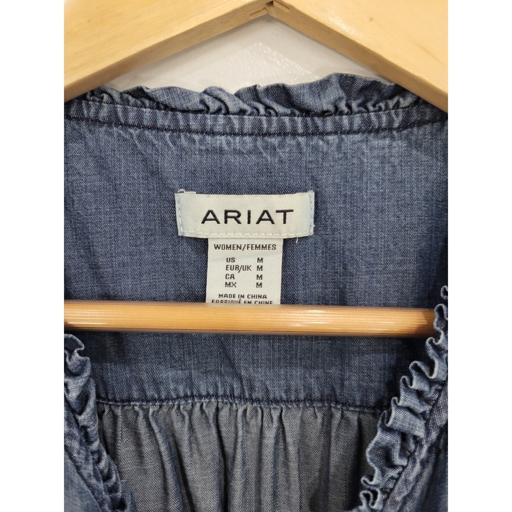 Ariat Blue Denim Short Sleeve Peasant Blouse - Picture 3 of 7
